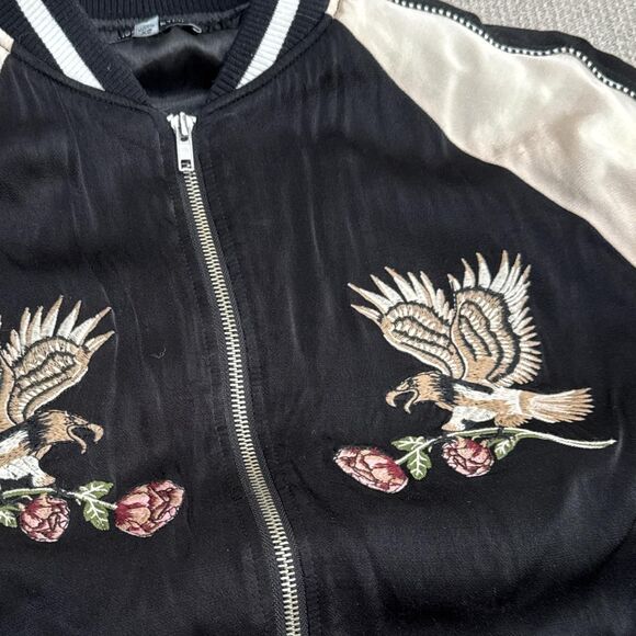 Black Satin Bomber Jacket w/ Embroidered Hawk + Rose Patches Japanese Style XS - Picture 2 of 8